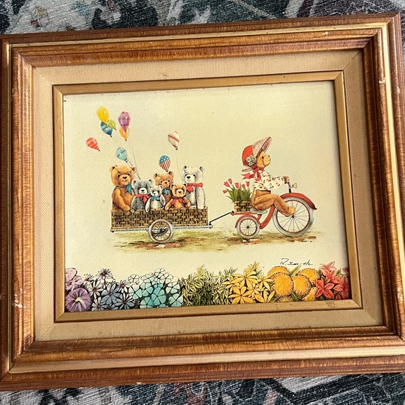 R. Smith signed hand painted framed teddy bear wagon art on stretched canvas - Picture 1 of 7
